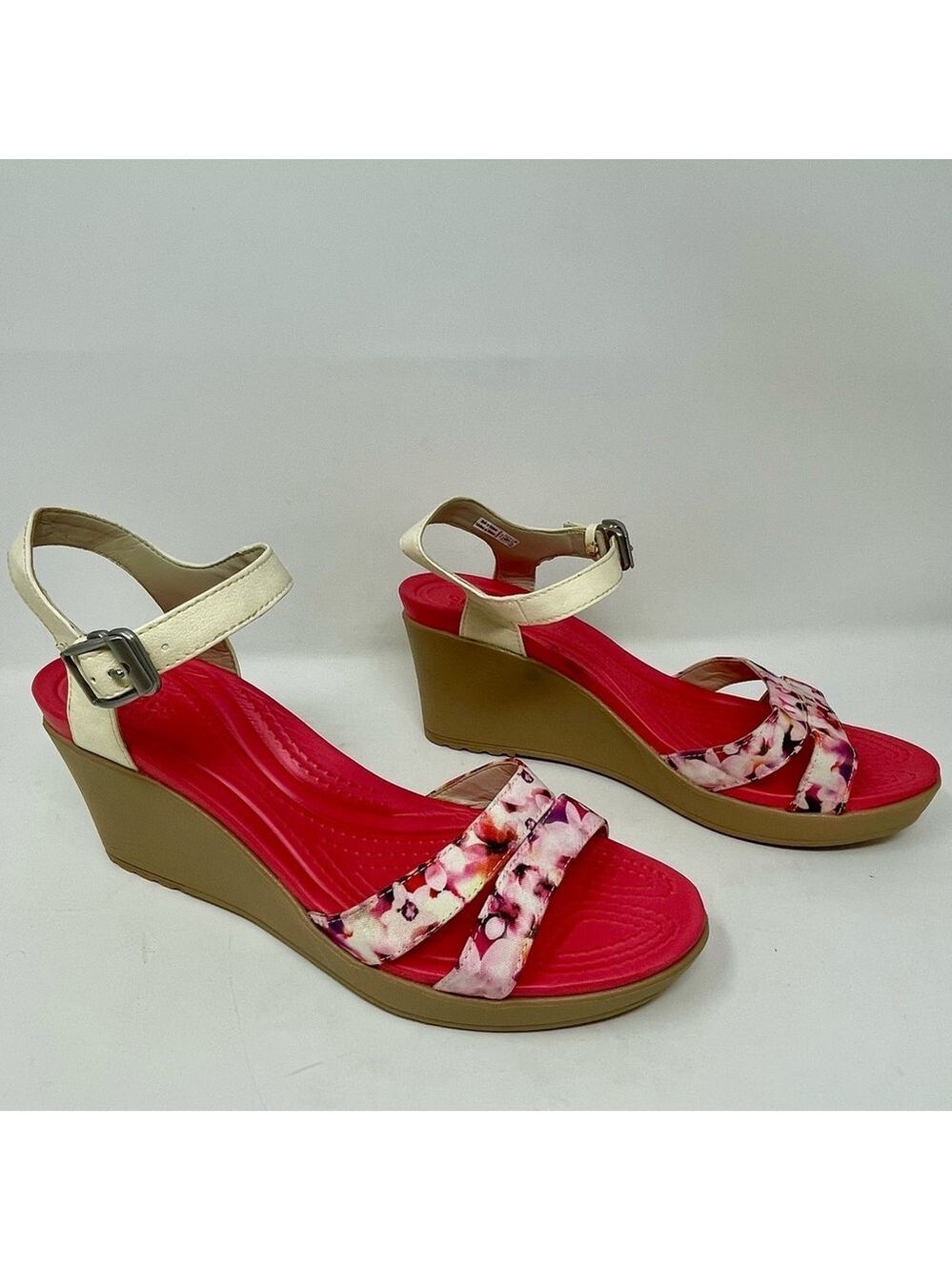 CROCS Women's Floral Wedges - Red and Cream